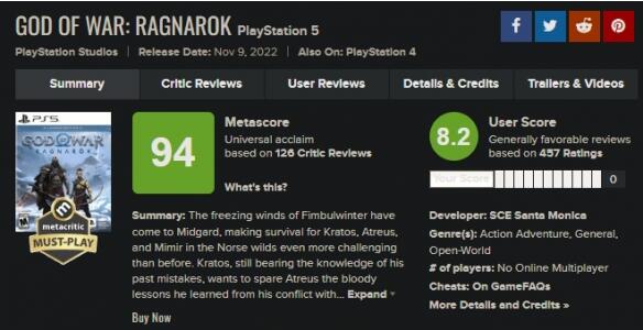 《战神5》M站用户评分8.2：有史以来最好的游戏之一！